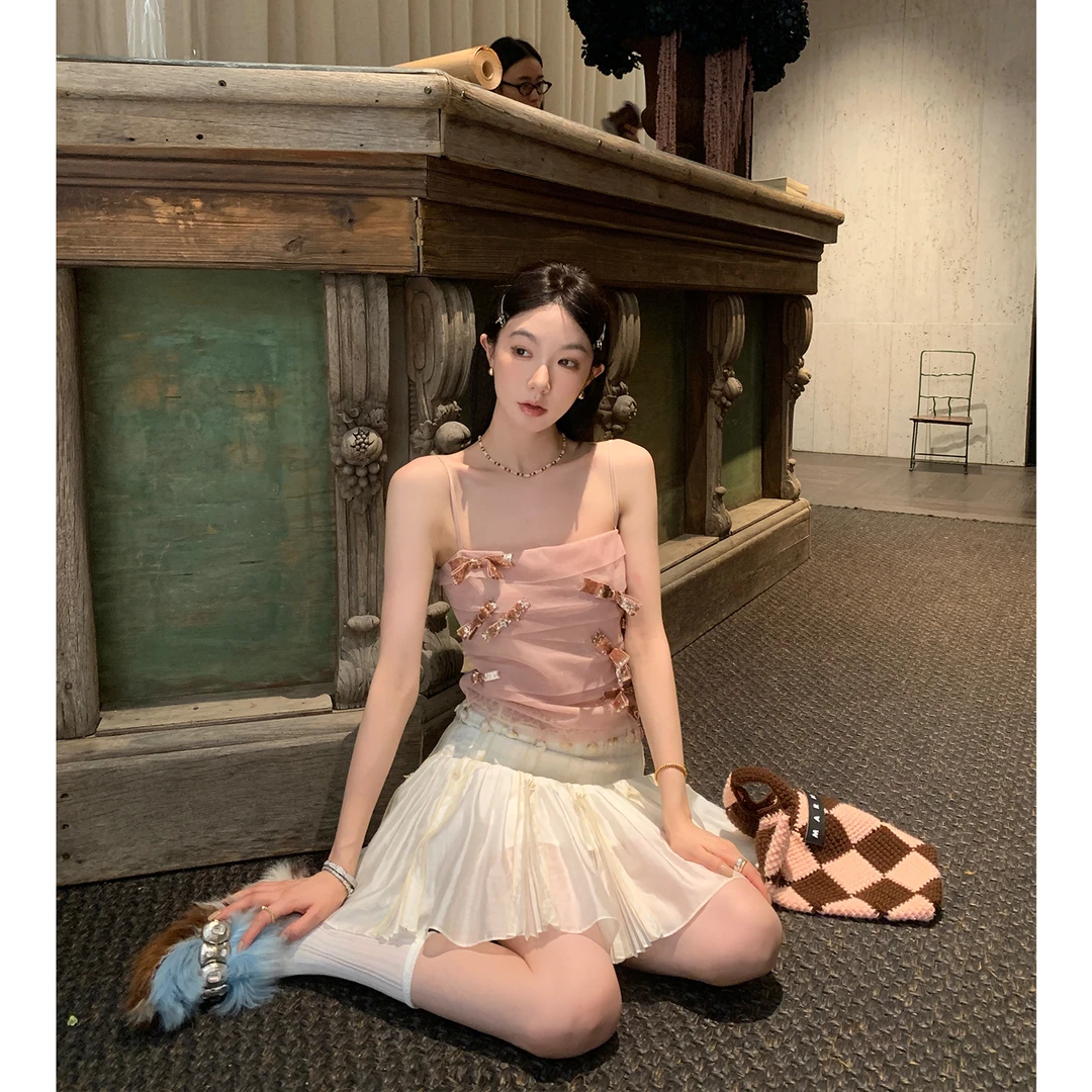 区区欧阳 蝴蝶结网纱无袖衬衫女夏季新款小众设计感修身小衫上衣