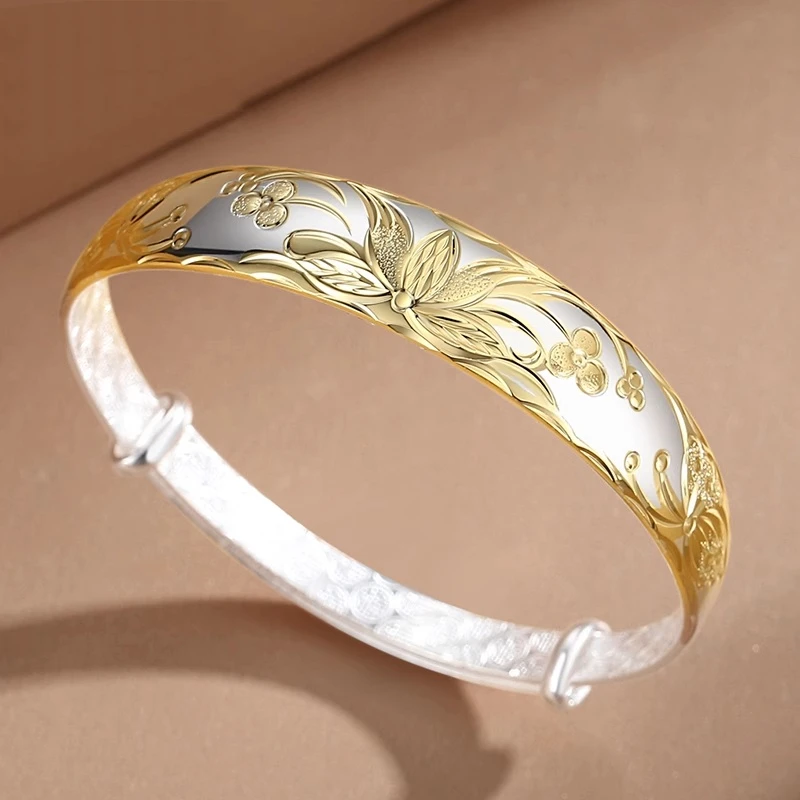 足银手镯 妈妈款繁花似锦银手镯S999纯银实心银镯子古法气质手镯