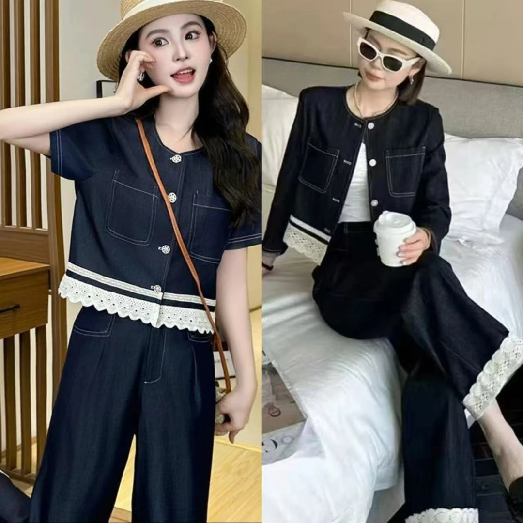 时尚2025套装牛仔夏季新款两件套减龄蕾丝拼接上衣洋气显瘦套装
