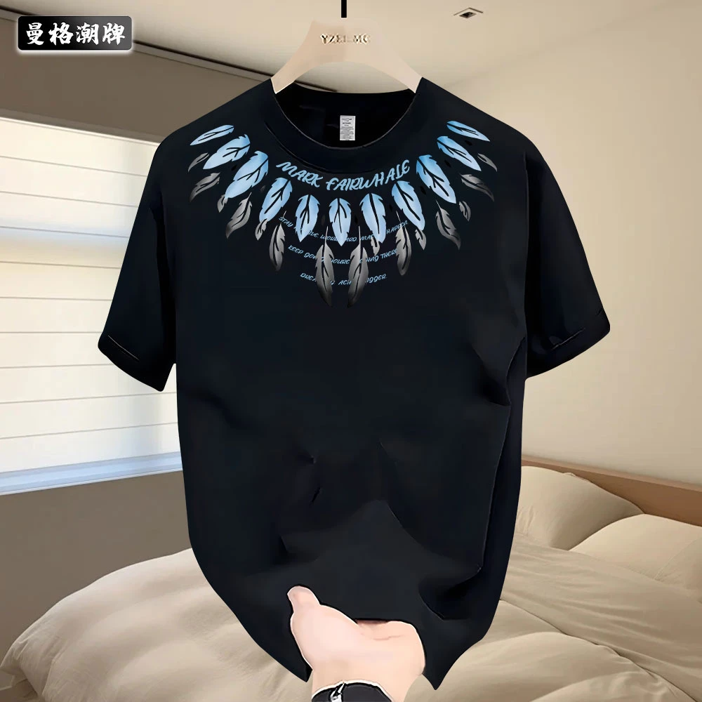 新款国潮休闲设计感羽毛印花男女款宽松圆领潮流纯棉百搭短袖上衣