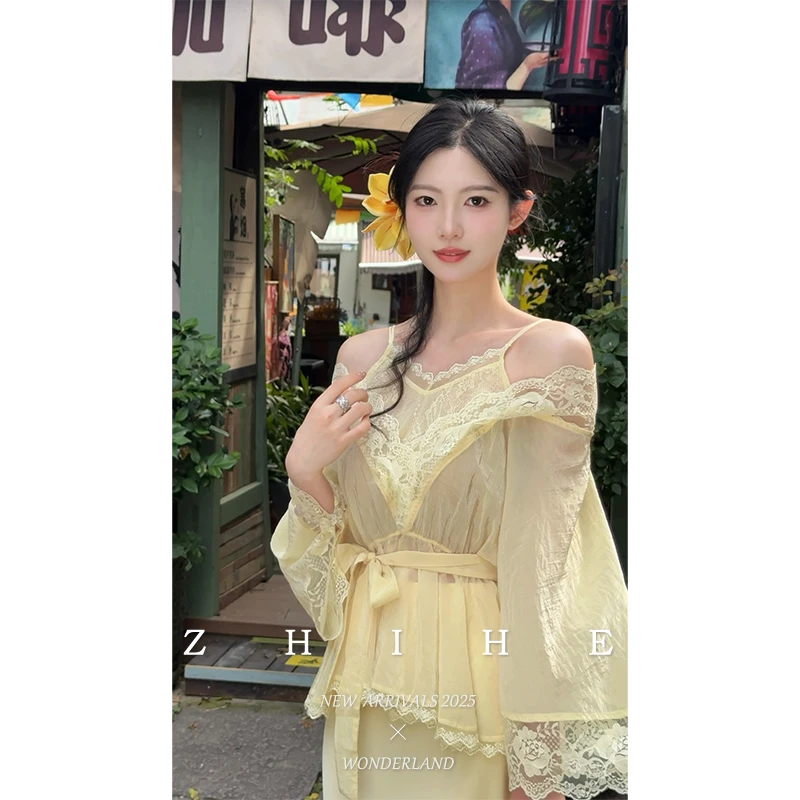 无艳一禾【花间遥】静奢浪漫醋酸皱蕾丝上衣+缎面鱼尾半裙