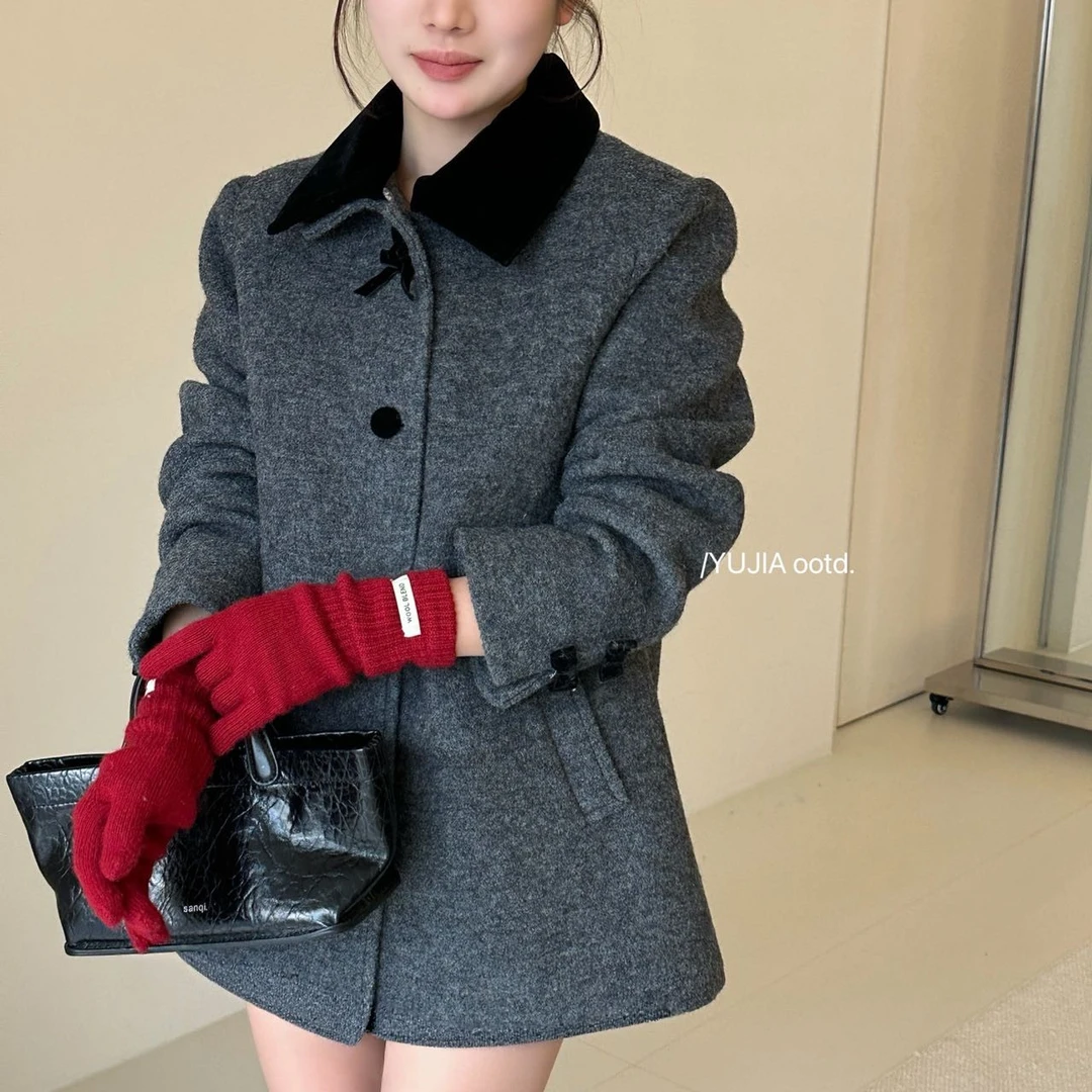 （8876）冬季韩系时尚设计师羊毛翻领外套显瘦中长款羽绒外套