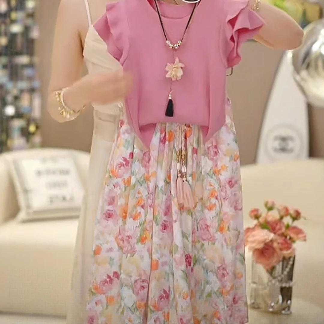 粉色女童碎花阔腿裤短袖套装2025夏季新款飞肩袖时尚好看洋气潮流