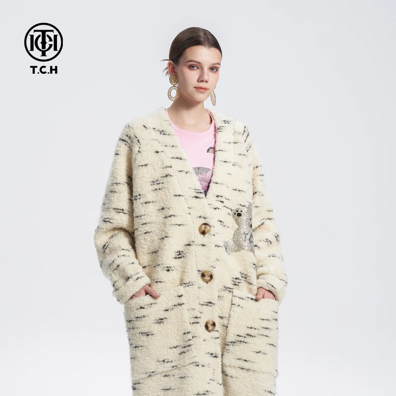 TCH 潮牌烫钻翅膀小熊宽松长款羊毛大衣外套24秋冬新款T72C286003