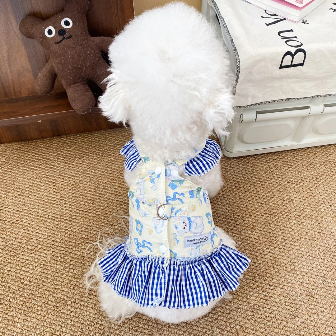 宠物猫咪狗狗春夏季田园风裙可爱碎花胸背式牵引外出中小型犬衣服