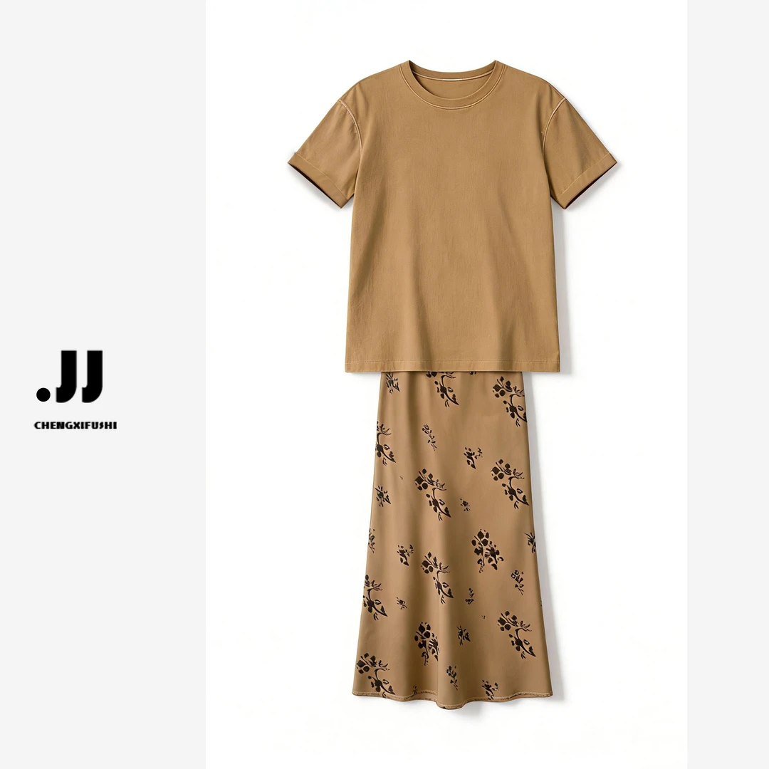 Y2951 Y2952 新中式气质简约慵懒风宽松T恤~轻奢墨色碎花裙子半裙