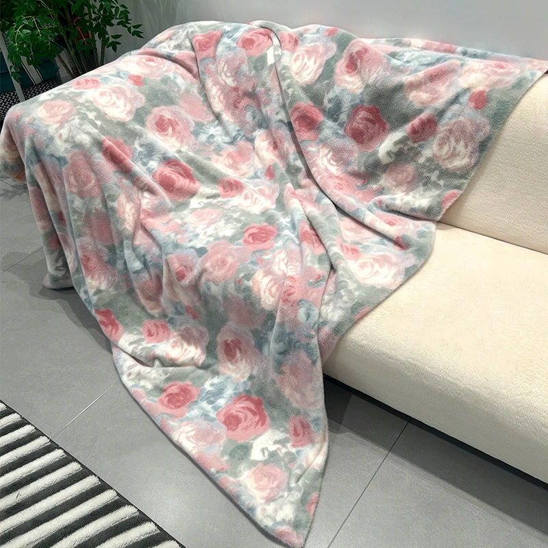 【鸽鸽家】超厚柔软双层锦鲤貂灰粉蔷薇印花盖毯被s061