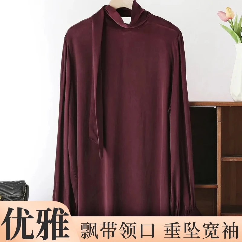 铜氨丝长袖飘带保暖秋冬打底红色衬衫时尚轻职风气质上衣resina