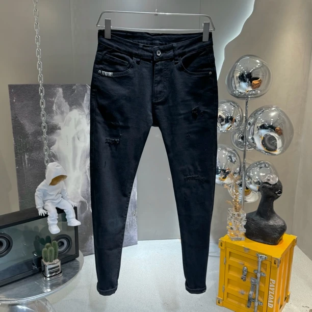 手工缝线高端货男士黑色修身显瘦牛仔裤复古弹力小脚裤乞丐裤磨破