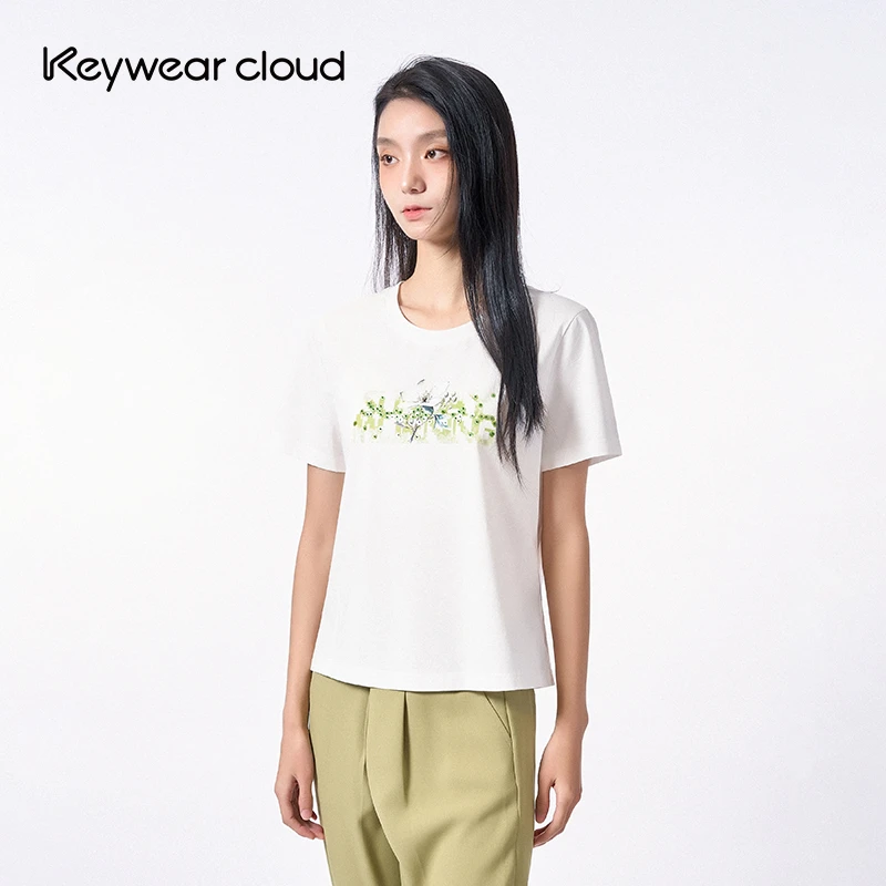 Keywearcloud奇威秋季大气绿意盎然棉质珠片印花短袖T恤