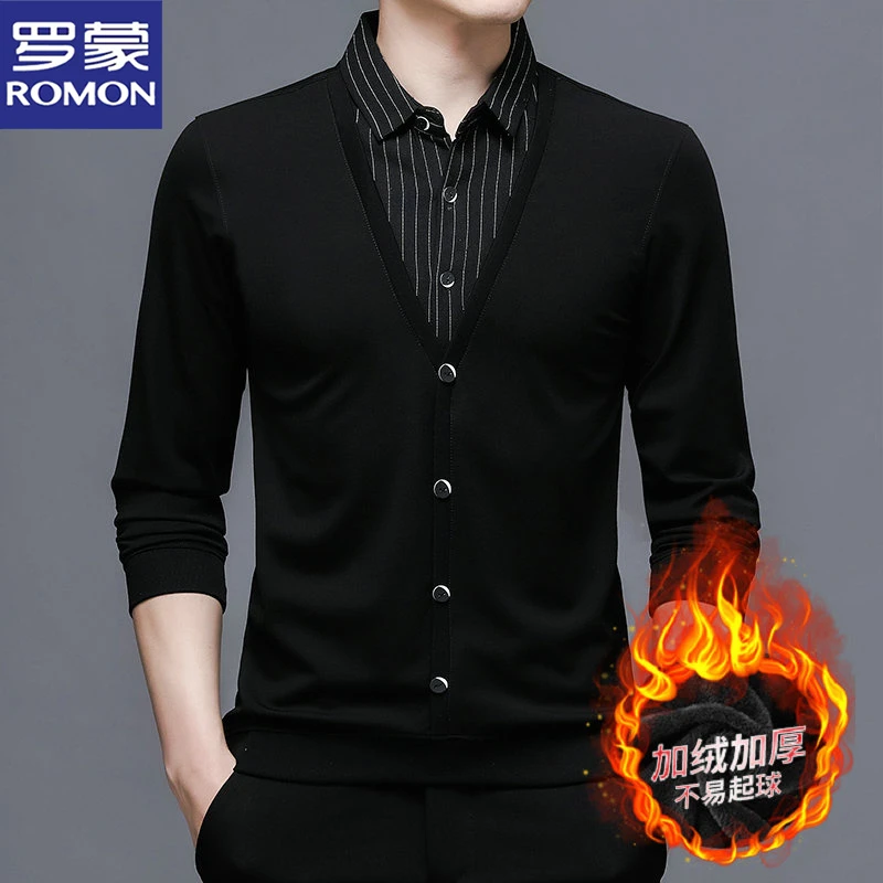 罗蒙冬季新款加绒加厚假两件针织衫男士条纹衬衫领保暖毛衣打底衫