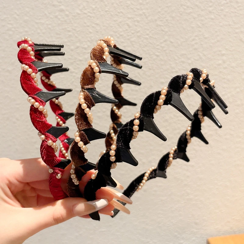 气质高颅顶带齿发箍珠珠显发量女新款秋冬发卡不勒头洗脸头箍发饰