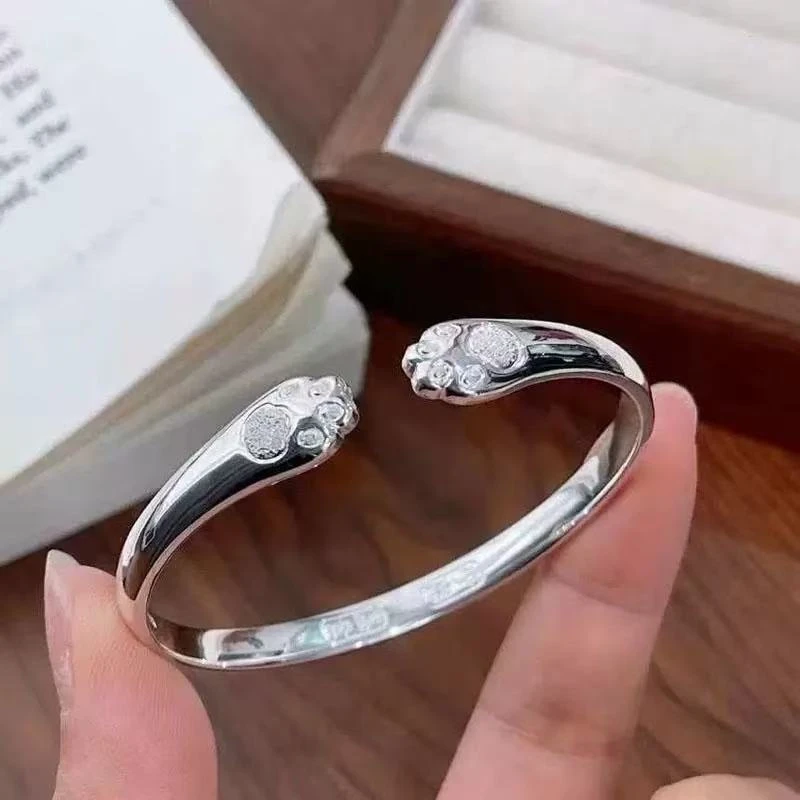 足银手镯 足银999.9猫爪手镯活口银镯子可爱女生送闺蜜送朋友