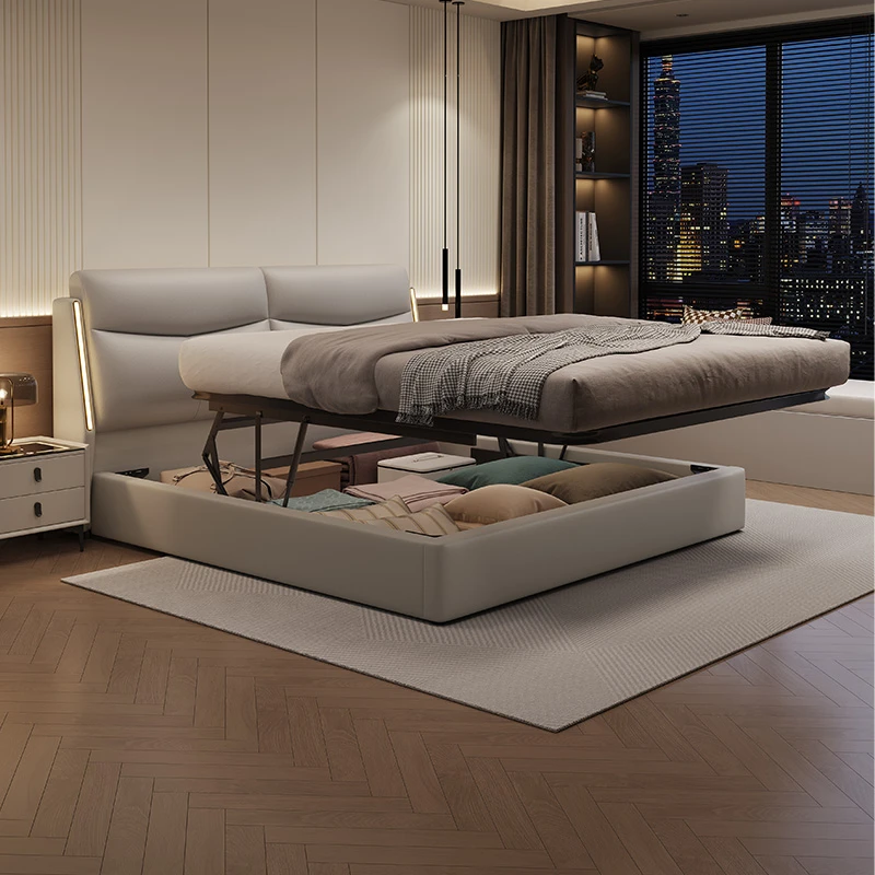 【喜笑颜开】新款头层牛皮床1.8米*2米高箱储物平移三抽气压床婚床