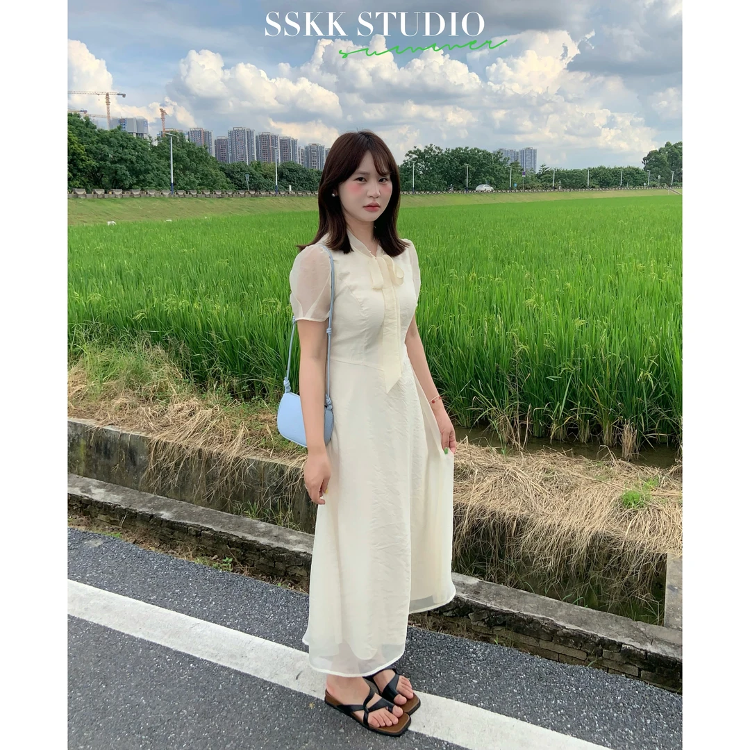 KMZY/KMZY山_山【轻颜欧尼】微胖法式温柔绑带短袖气质收腰连衣裙女