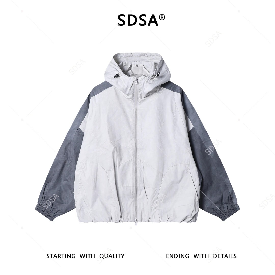 SDSA男士秋冬新款痞帅男装简约户外拼色拉链立领连帽夹克外套宽松