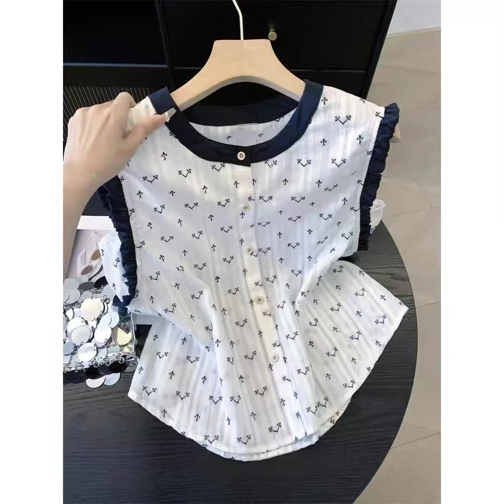 夏季无袖拼接纽扣木耳圆领衬衫小衫气质小衫