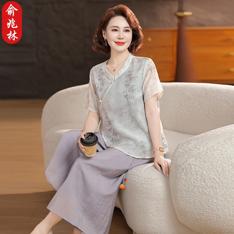 俞兆林妈妈夏装套装时尚新中式雪纺短袖上衣中老年女夏季国风小衫
