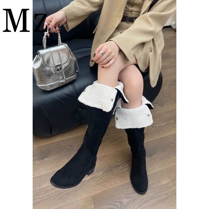 现货断码福利/粗跟绒面两穿圆头百搭时装长靴女靴