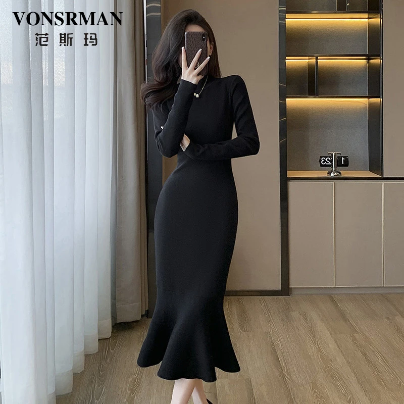 黑色打底针织连衣裙2025秋冬新款时尚鱼尾裙半高领气质内搭包臀裙