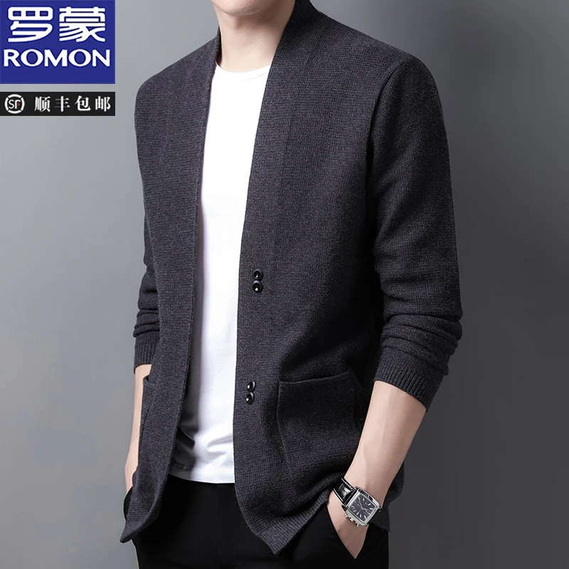 罗蒙春秋季时尚针织开衫韩版商务休闲中青年修身男士毛衣纯色外套