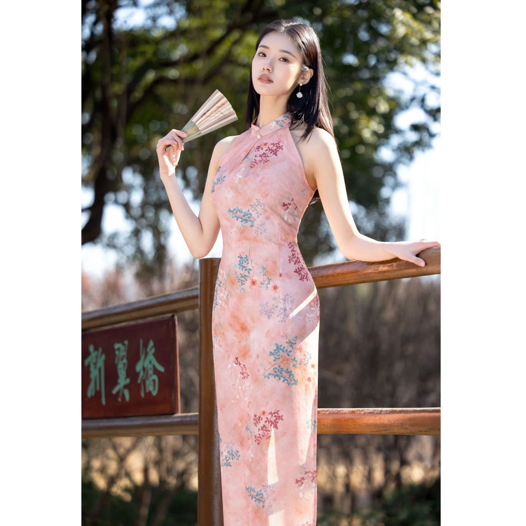 【风荷】粉色挂脖旗袍春夏新款少女风后背蕾丝连衣裙双层日常可穿