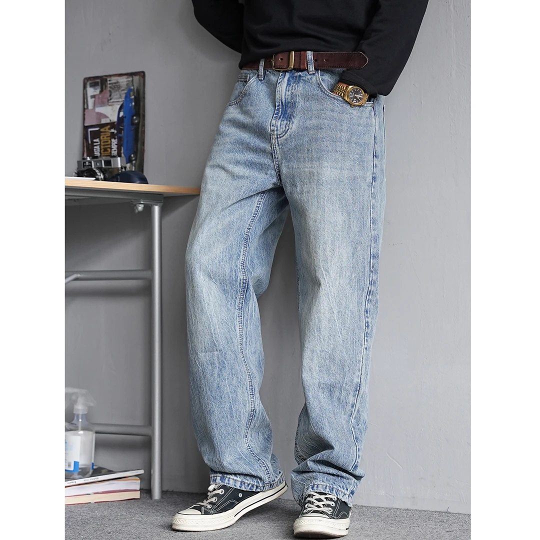 美式痞帅重磅水洗复古浅蓝色牛仔裤男直筒宽松质感通勤百搭长裤潮