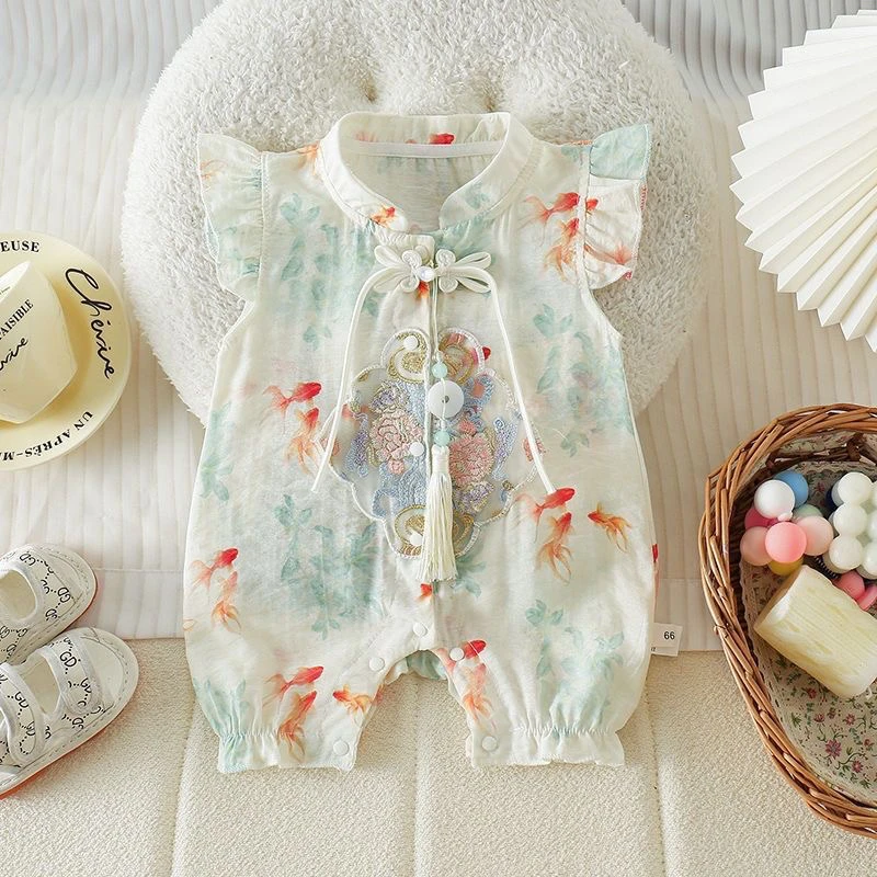 【1588人收藏】婴儿衣服夏季薄款连体衣百天满月新生儿中式公主哈