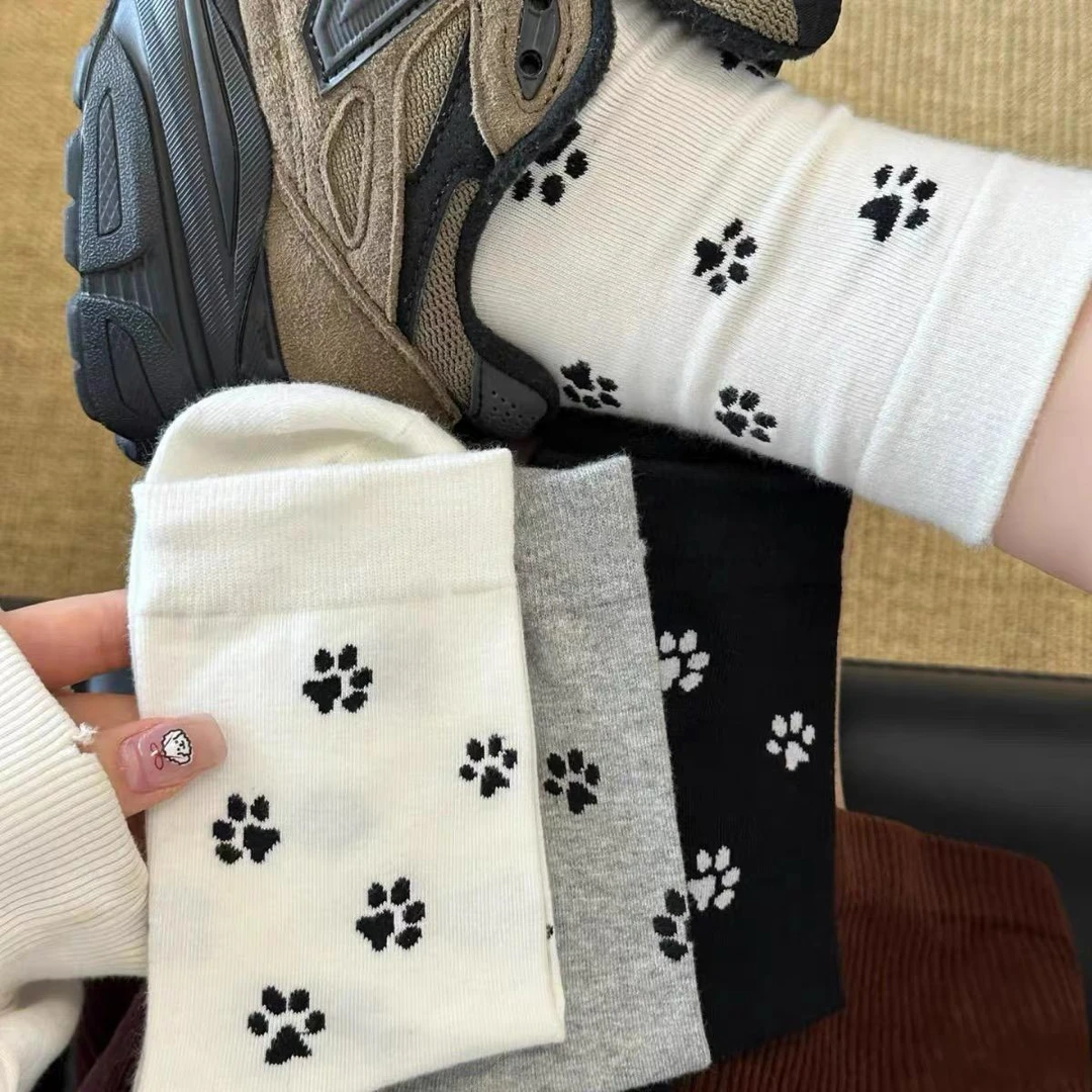 猫爪印花袜子女款中筒泡泡袜ins潮卡通可爱运动袜春秋学院风长袜