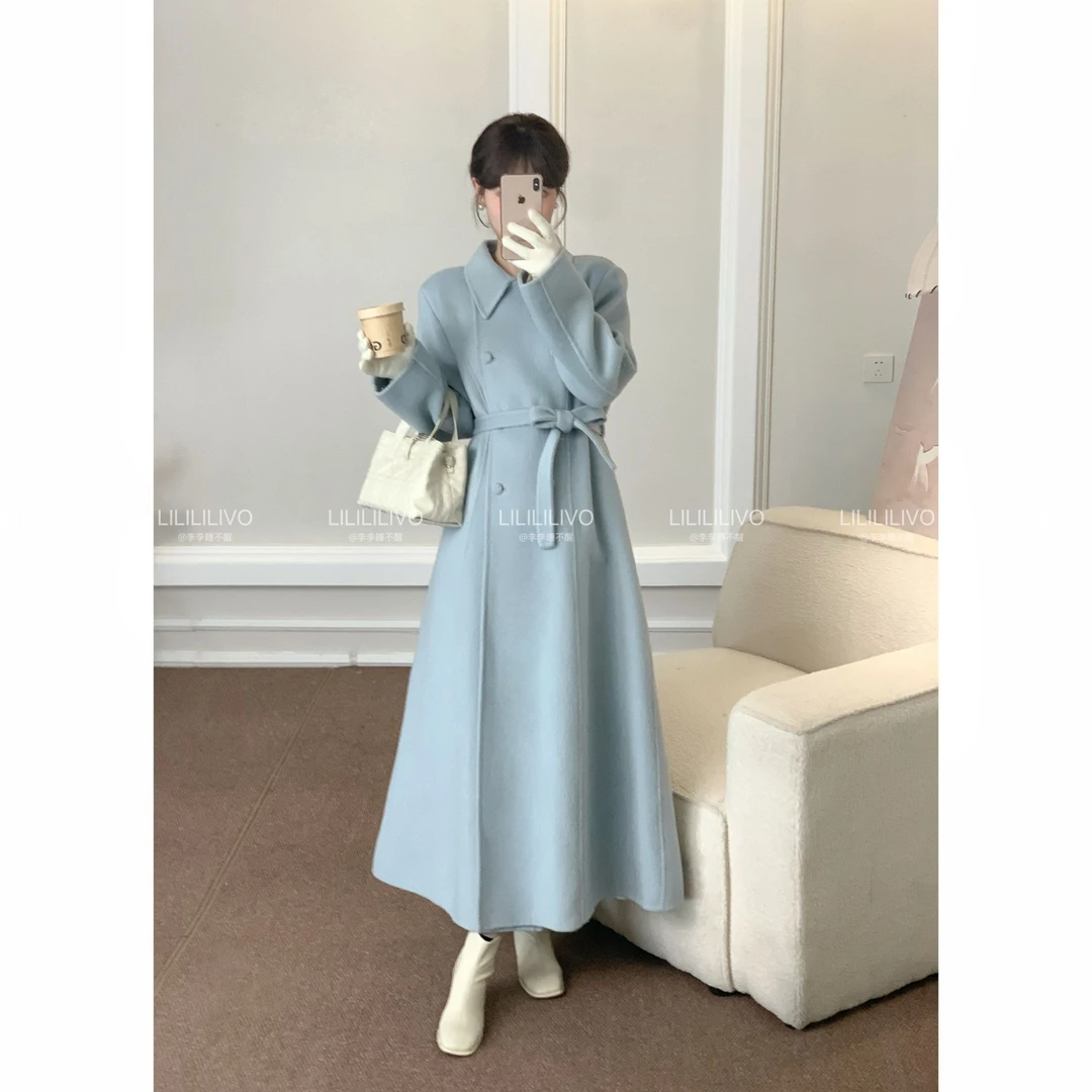 李李【安娜】2025秋冬季新款韩版宽松加厚中长款系带大衣毛呢外套女