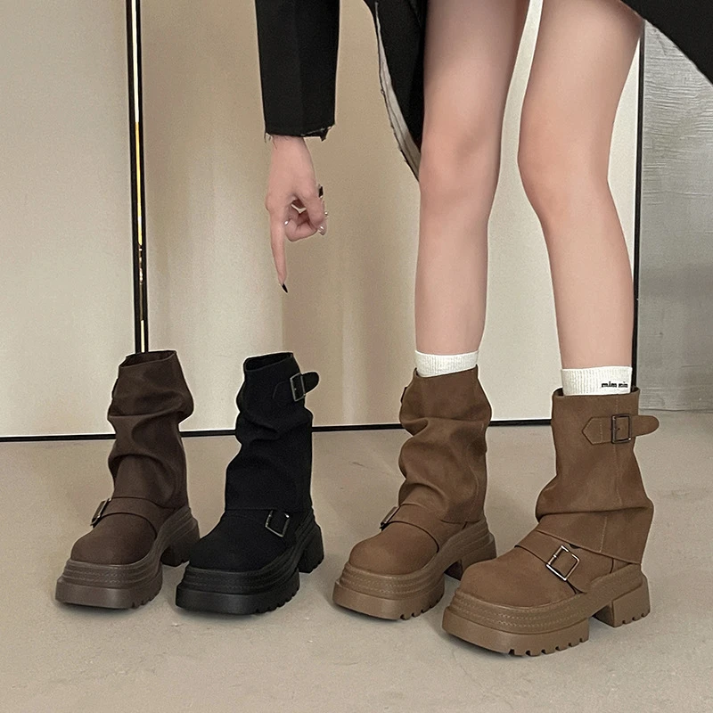 复古英伦风皮带扣厚底马丁靴女2025秋冬新款显瘦堆堆短靴时装靴子