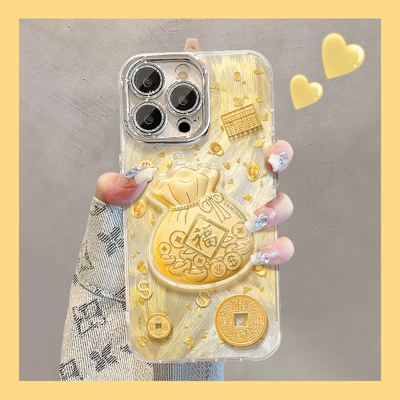 金币福袋公仔适用苹果17华为vivo/oppo小米iPhone16羽纱纹手机壳