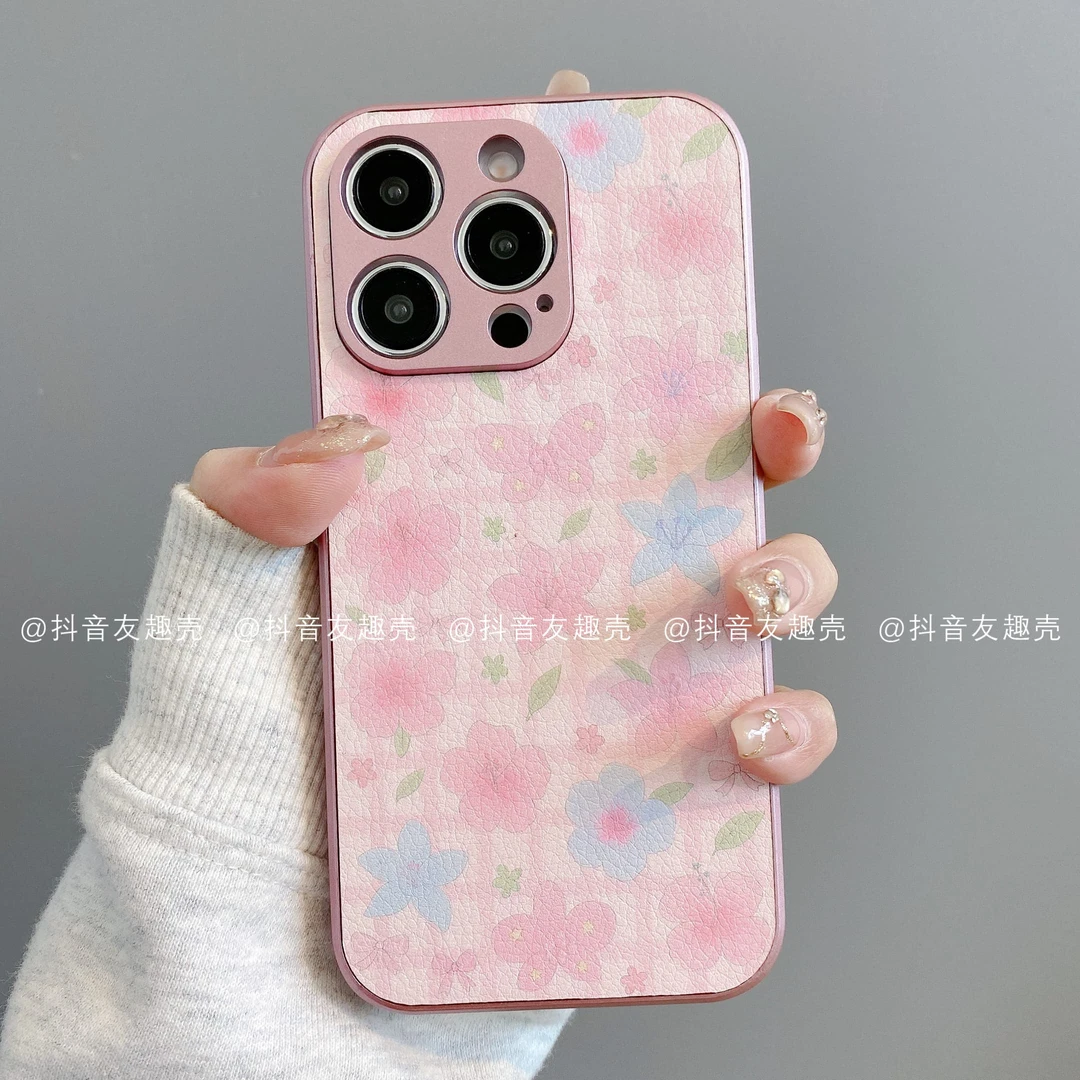 适用于苹果16手机壳新款华为vivo小米oppo金属皮革简单款粉蓝百合