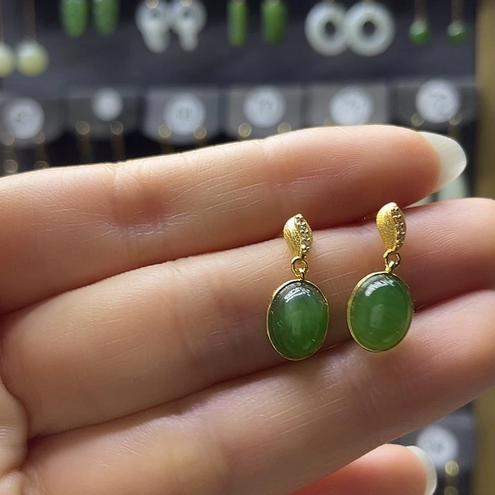 和田玉银S925镀金镶嵌耳饰