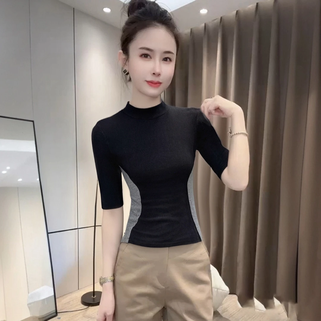 春秋季五分袖打底衫半高领T恤修身纯色螺纹中袖拼色百搭女半袖女