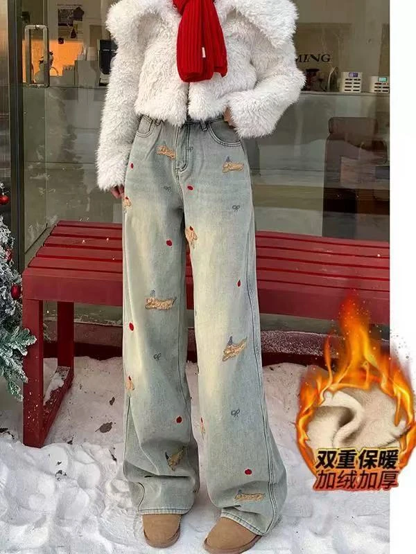 小狗刺绣加绒牛仔裤女冬季新款浅色保暖休闲阔腿拖地户外裤显瘦