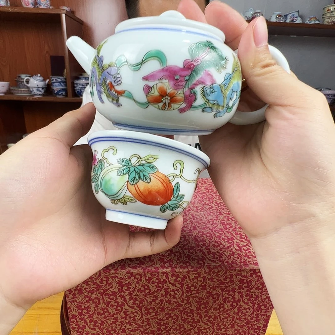 瓷片景德镇陶瓷狮子西施壶加南瓜杯
