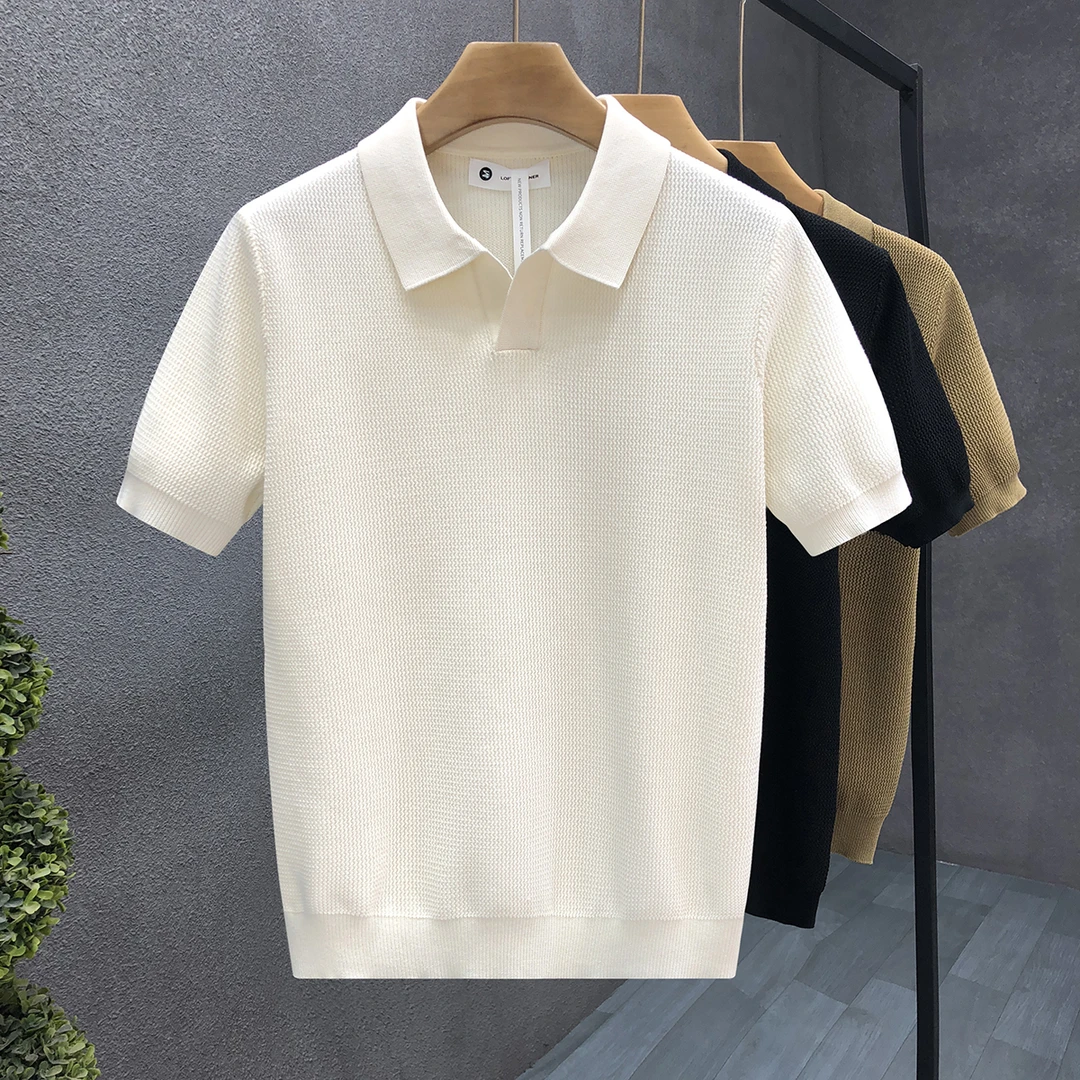 流行奶白色春装薄款针织短袖t恤男生翻领短袖毛衣男士春秋季半袖