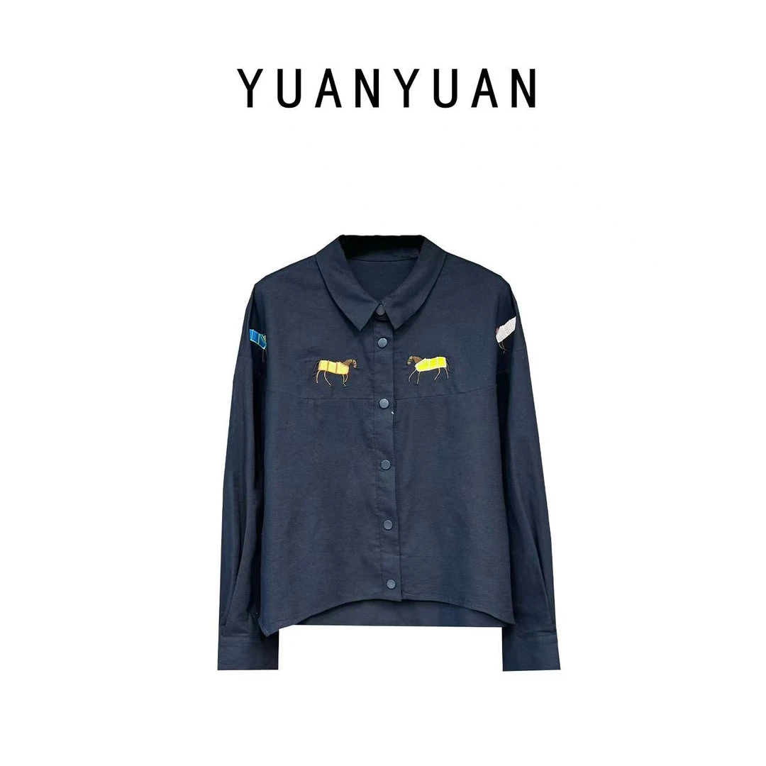 媛媛推荐【感觉】长袖牛仔蓝色时尚休闲百搭女士印花衬衫C012