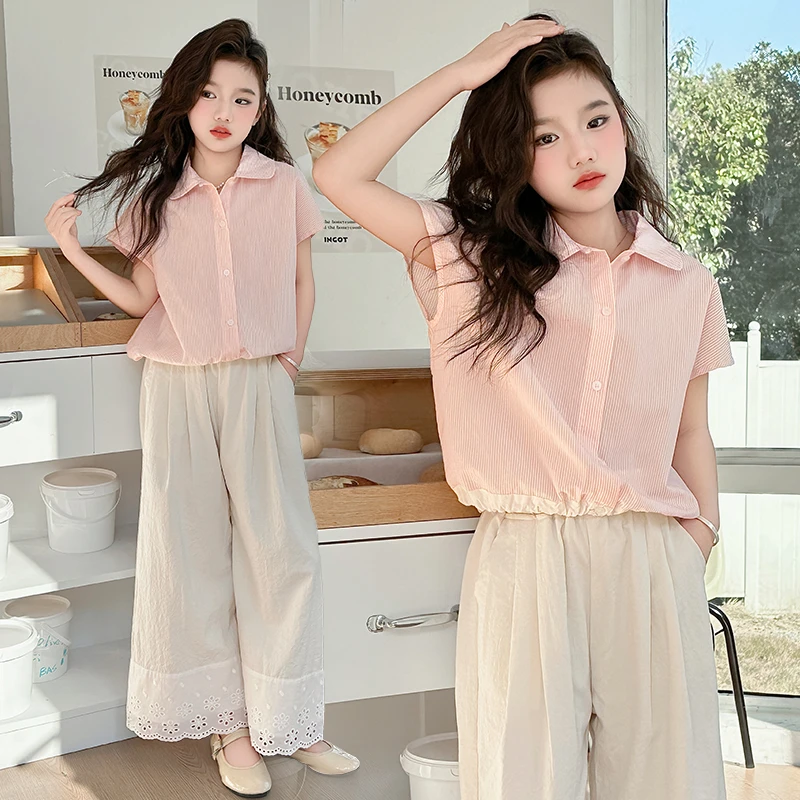 2025休闲简约风气质两件套薄款小清新女童夏季阔腿时尚洋气宽松
