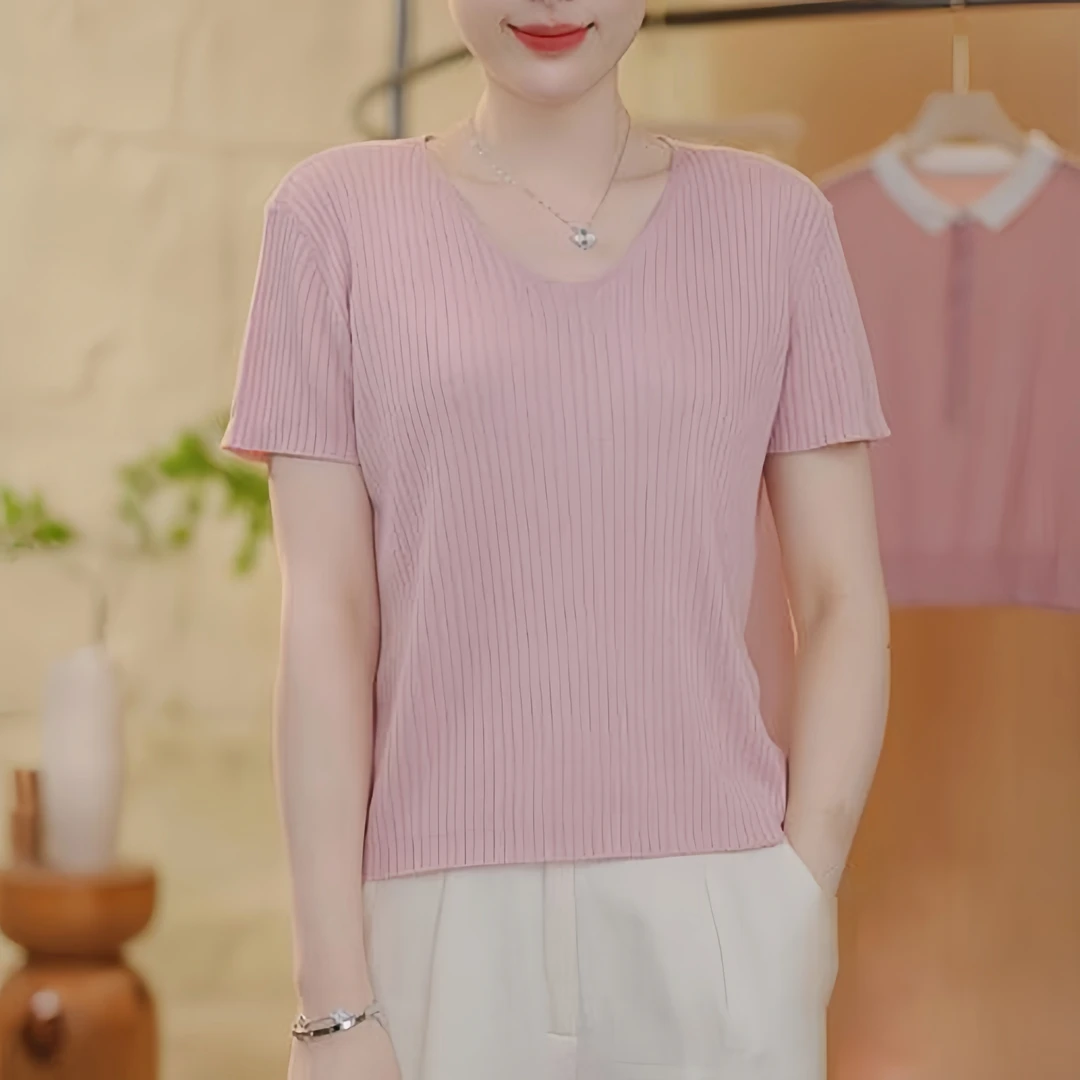 时尚坑条V领冰丝针织衫夏季新款清凉显瘦短袖T恤百搭套头纯色上衣