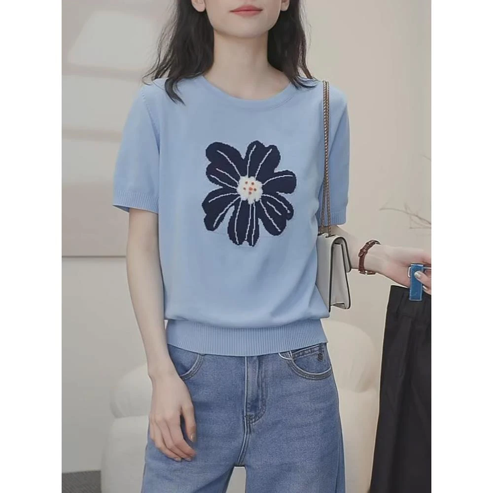 蓝色提花短袖针织衫女夏季薄款毛衣2025年新款慵懒风宽松减龄上衣