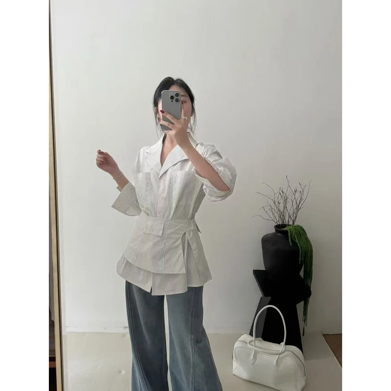 韩版高级感条纹翻领衬衣（配腰封）1572 衣长72