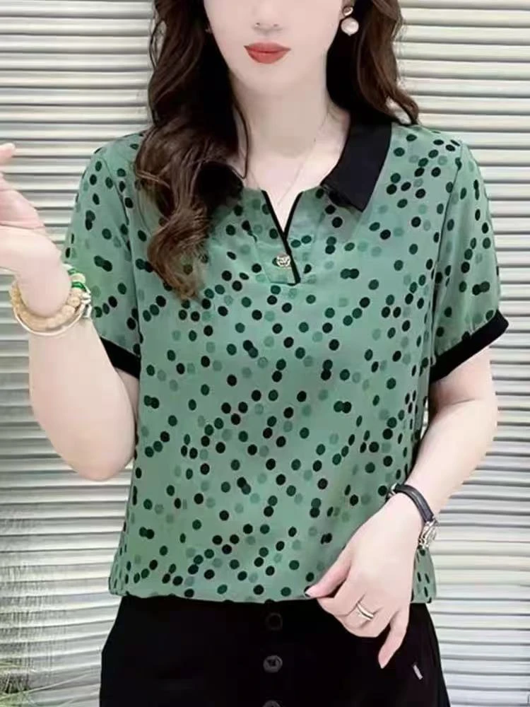 566-夏季翻领中老年女装女款宽松点点短袖