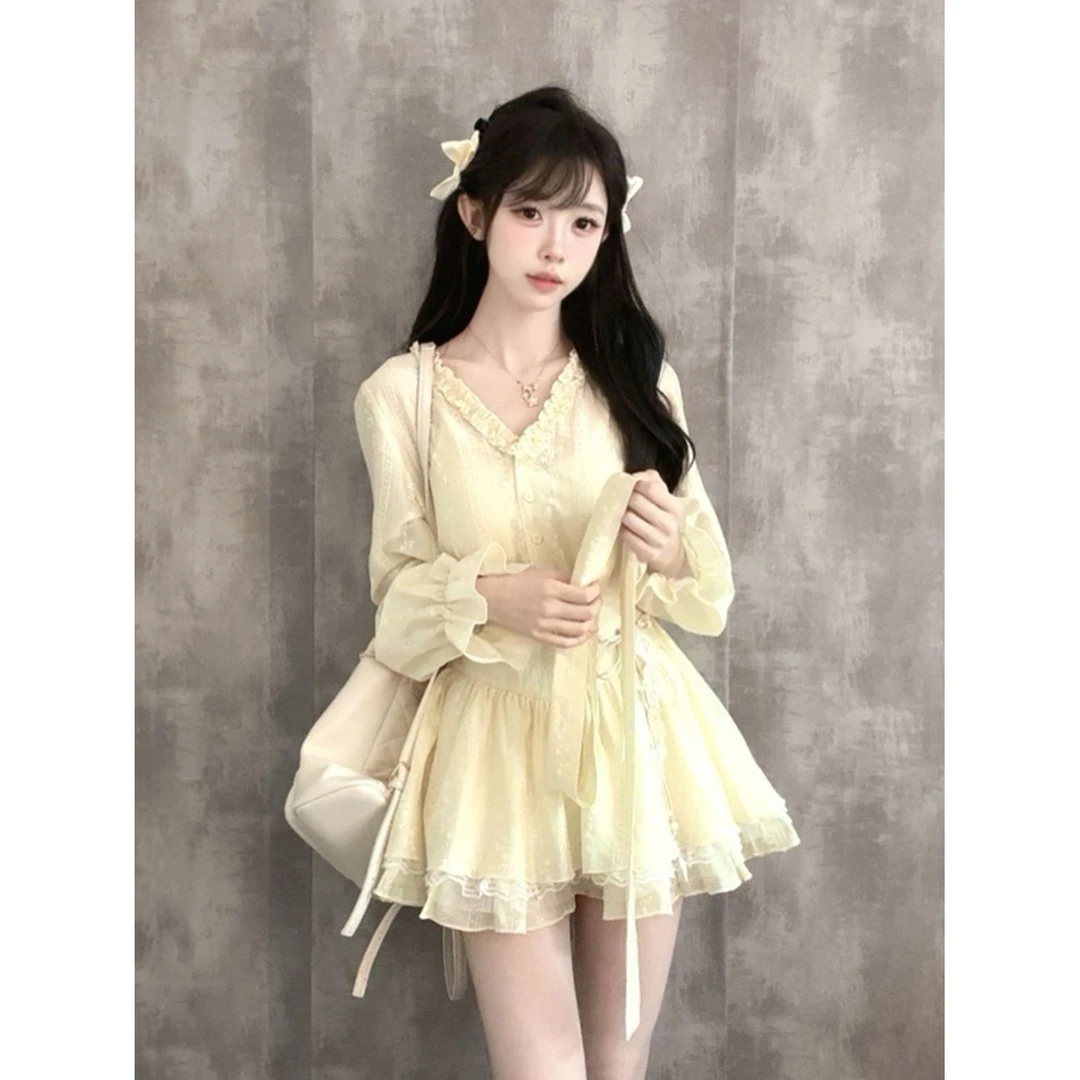 杏花微雨 韩系小众甜美法式收腰公主连衣裙温柔少女短裙秋季新款