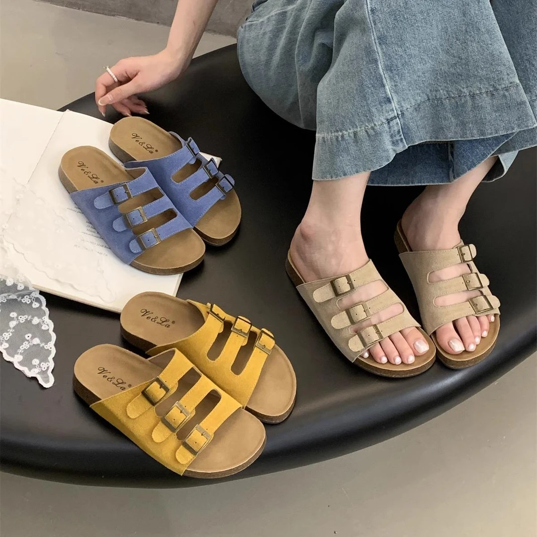 厚底真皮勃肯拖鞋女夏季外穿新款露趾平底复古懒人休闲博肯凉鞋子