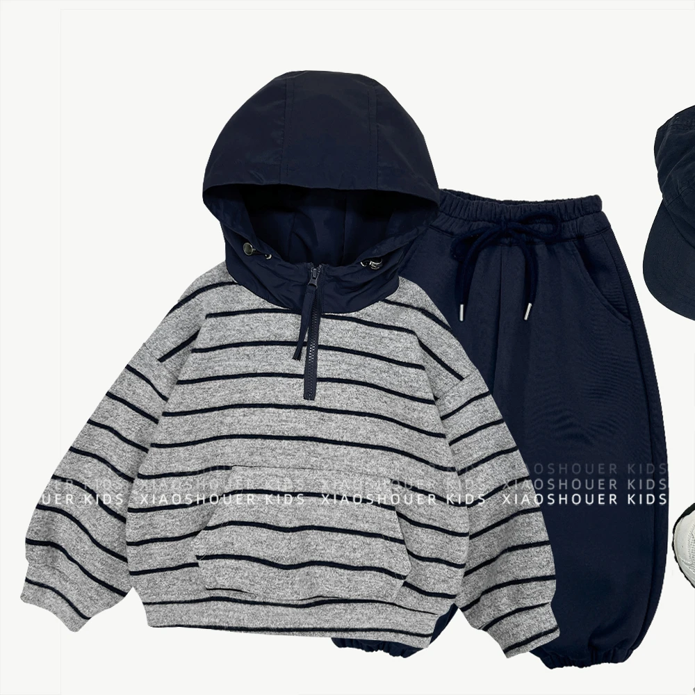【小首尔】秋装儿童美式复古休闲宽松连帽卫衣两件套套装HBB7839