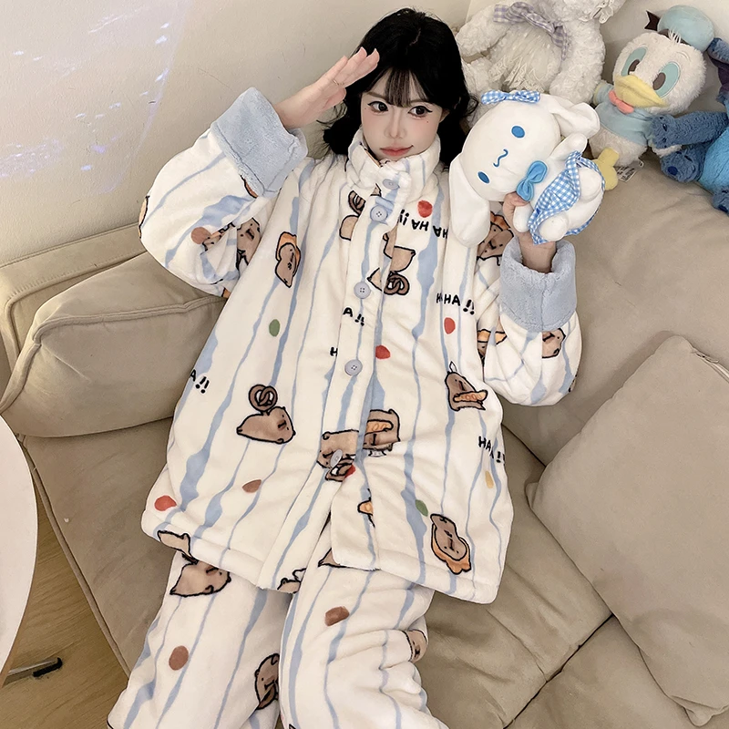 保暖秋冬季冬天大码睡衣女珊瑚绒加绒加厚加法兰绒家居服学生套装