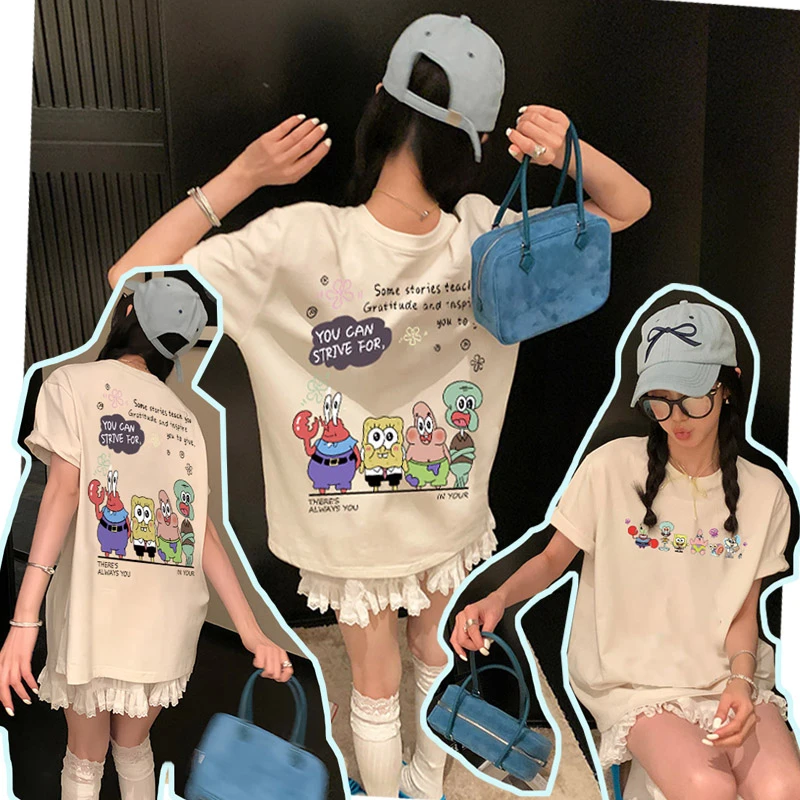 海绵宝宝洋气纯棉短袖t恤女夏季百搭情侣装显瘦休闲大码女装ins潮