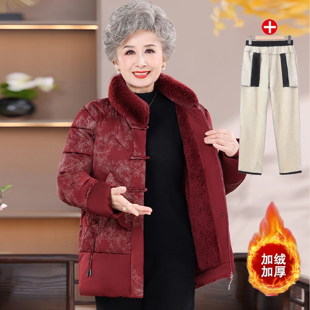 中老年女装冬装加绒加厚棉衣外套妈妈装国风棉服奶奶冬季保暖棉袄